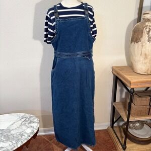 Classic Blue Denim Maxi Overall Dress Jean Bib Skirt Button Front Pockets